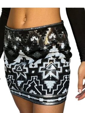 Express Black Mini Skirt with Silver Sequin Pattern